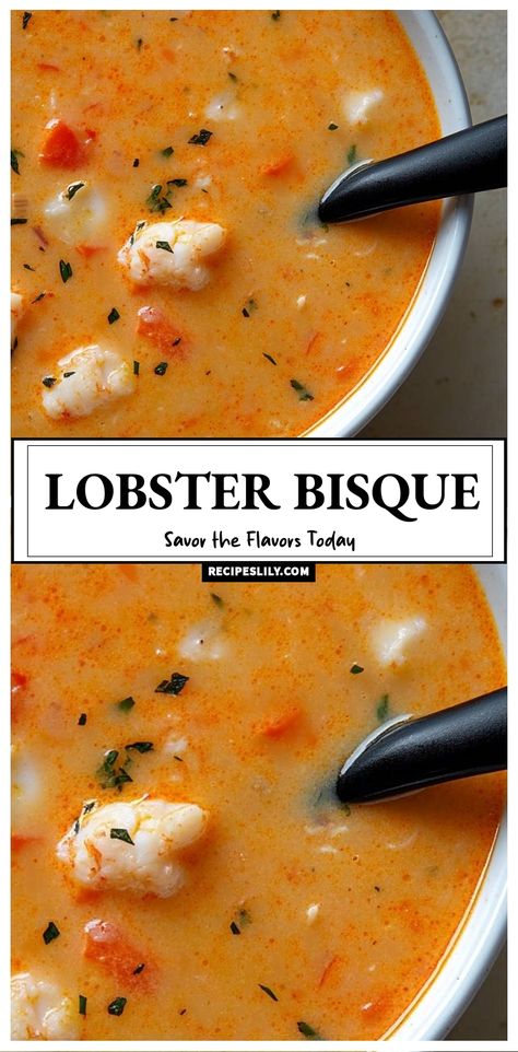 I love making this creamy lobster bisque that’s bursting with flavors! It’s perfect for a cozy dinner or a special occasion. With rich, buttery lobster and aromatic spices, every spoonful is a delight. Follow my recipe and savor the flavors today! Lobster And Crab Recipes, Lobster Pieces Recipes, Lobster Meat Recipes Simple, Lobster Recipes Dinners, Lobster Meat Recipes, Healthy Lobster Recipes, Lobster Dinner Ideas, Creamy Lobster Bisque, Lobster Bisque Recipe