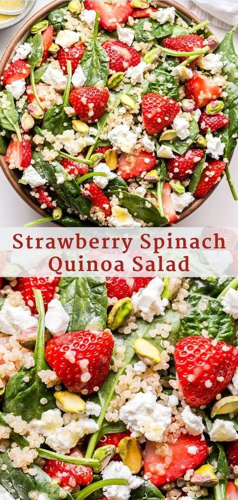 This Strawberry Spinach Quinoa Salad is a delicious and healthy salad to make this spring and summer! Loaded with quinoa, goat cheese, strawberries, spinach and pistachios, then tossed in a lemon vinaigrette. #salad #spinachsalad #strawberries #quinoasalad #sidedish #spring #summer #vegetarianrecipes #healthyrecipes #dinner #glutenfree Spinach Quinoa Salad, Quinoa Spinach Salad, Salad Quinoa, Quinoa Spinach, Quinoa Salat, Strawberry Spinach, Quinoa Salad Recipes, Noodle Salad, Healthy Salad