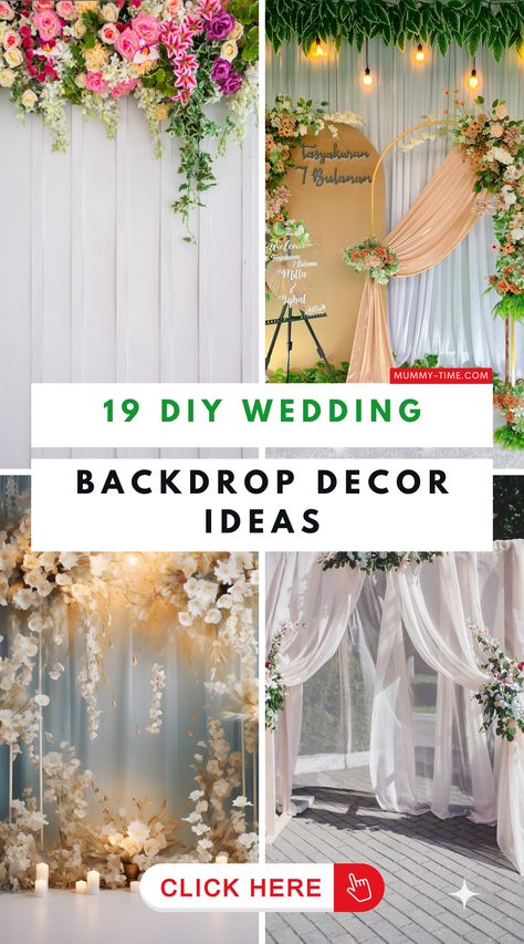 🌺 Elevate your wedding decor with our "DIY Wedding Backdrop Ideas"! These creative and budget-friendly ideas will help you design a stunning backdrop that reflects your personal style. Whether you prefer something simple and elegant or bold and colorful, our guide has everything you need to make it happen. Transform your venue with a backdrop that will make your big day even more memorable! 🌿💒 Lighted Curtain Backdrop Wedding, White Wedding Photo Backdrop, Fyi Photo Backdrop, Elegant Wedding Backdrop Ideas, Garden Backdrop Wedding, Photowall Ideas Wedding, Small Backdrop Ideas, Simple Wedding Photo Backdrop, Diy Wedding Backdrop Ceremony