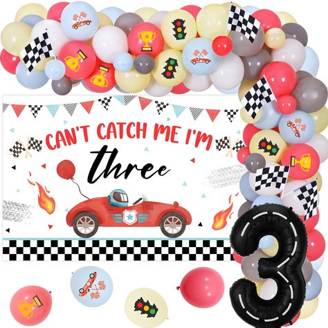 PRICES MAY VARY. Racing Car 3rd Birthday Party Supplies for Boys: You’ll get 49 x latex balloons 12-inch, 15 x latex balloons 5-inch, 1 x number 3 foil balloon 40-inch, 1 x car theme backdrop and 5 x checkered flag, which will fully meet your needs of race car themed 3rd birthday party decorations. Self-designed Can’t Catch Me I’m Three Backdrop: The race car theme backdrop is all self-designed, refers to the cool racing car theme, can be a gorgeous photography background for you to take photos Race Car Birthday Party Decorations, Cars Three Birthday Party, Race Car Third Birthday, Race Car 3rd Birthday Party Ideas, 3rd Birthday Theme Boy, Boys 3rd Birthday Theme, Three Year Old Birthday Party Boy, Car 3rd Birthday Party, Three Birthday Theme