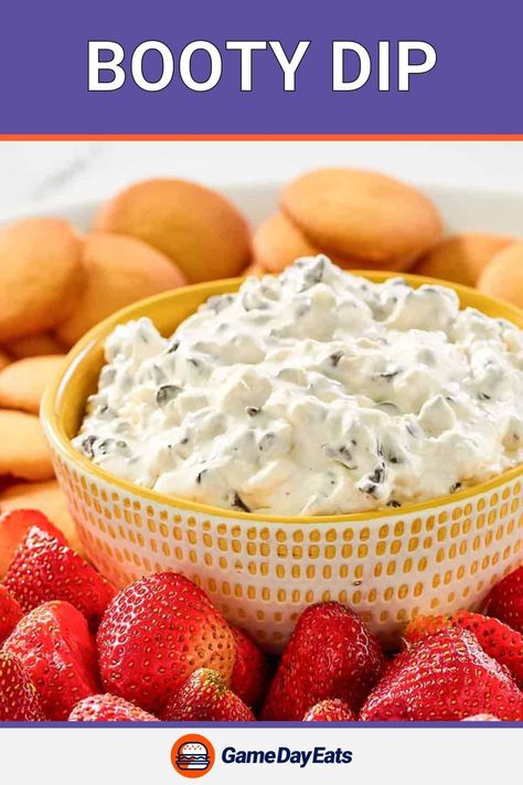 Booty Dip is great for an appetizer, snack, or dessert. Get the easy recipe and find out how to make the best booty dip with cream cheese, Cool Whip whipped topping, and marshmallow creme or fluff, and chocolate chips. Serve this creamy dessert dip with cookies, graham crackers, animal crackers, fresh fruit, or pretzels. Fruit Dip With Marshmallow Fluff And Cool Whip, Cream Cheese Dessert Dip Recipes, Dip For Graham Crackers, Sweet Dips Recipes, Sweet Dip, Easy Dessert Dips, Banana Split Pie, Dip With Cream Cheese, Cold Dip Recipes