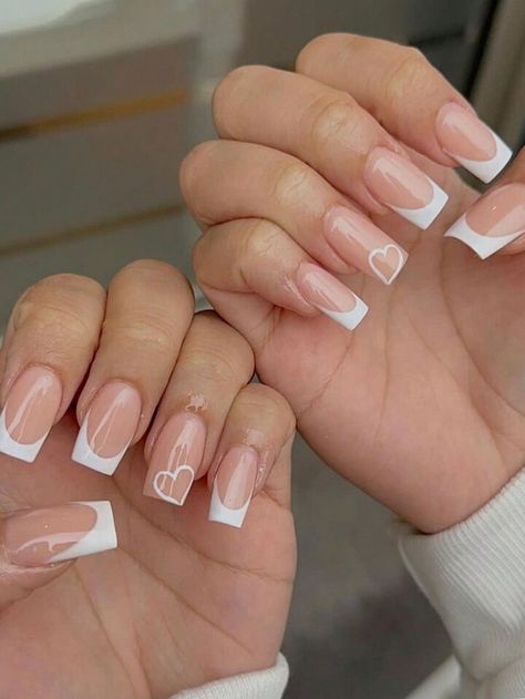 Upgrade Your Look Now With 24 PCS Long Square False Nails Full Cover With White Heart Shape And French Design, Suitable For Women And Girls Press On Nails Nail Supplies | SHEIN USA Nails Ideas For A Wedding, Heart On French Tip Nails, French Nails Tips White, White And French Tip Nails, French Nails White Design, French Tip Square Nails With Design, Nail Inspo With Hearts, Nails French With Heart, Nail Inspo Square French Tip