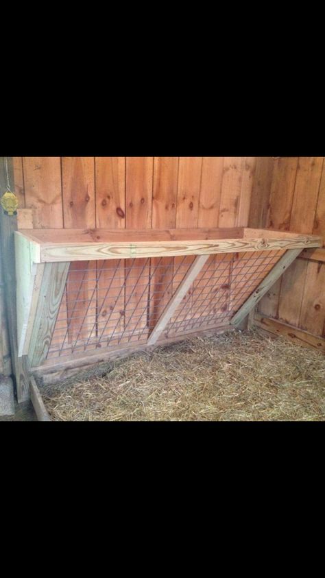 Easy hay holder for goat barn Easy Goat House Diy, Goat Houses Shelters, Hay Rack For Goats, Hay Holder For Goats, Goat Barn Layout, Goat Barn Ideas, Goat Stalls In Barn, Horse Stall Corner Hay Feeder, Hay Manger For Goats