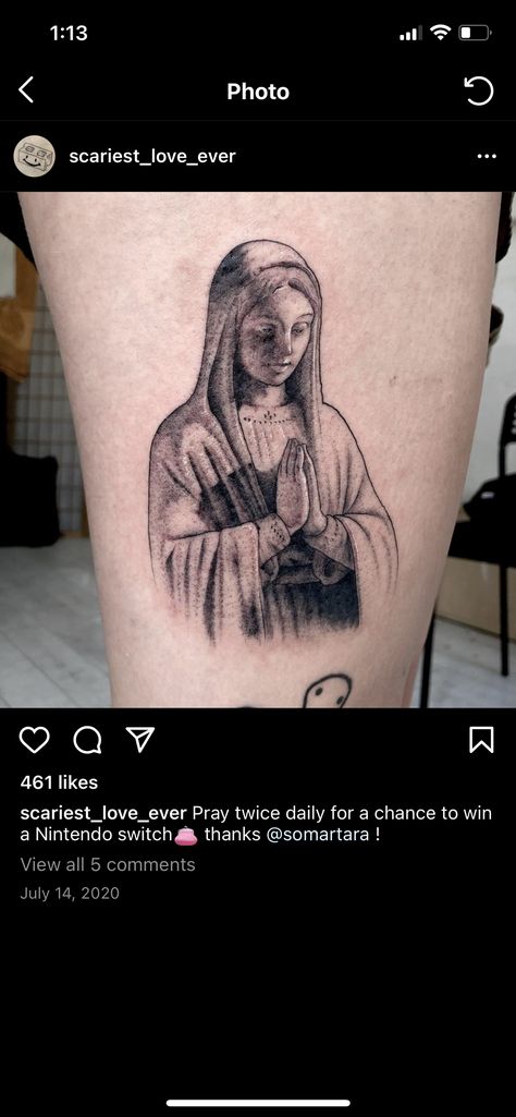 Virgin Mary Tattoo For Women, Mother Mary Tattoos, Catholic Tattoos, Virgin Mary Tattoo, Mary Tattoo, Hand And Finger Tattoos, 13 Tattoos, Neck Tattoos Women, Mommy Tattoos