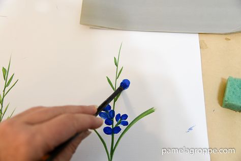 Paint Texas Bluebonnets - Pamela Groppe Art Blue Bonnet Painting Easy, Bluebonnet Painting Easy, How To Paint Bluebonnets Easy, Bluebonnet Mural, Blue Bonnet Painting, Texas Bluebonnets Art, Bluebonnet Art, Waterbrush Art, Stool Ideas