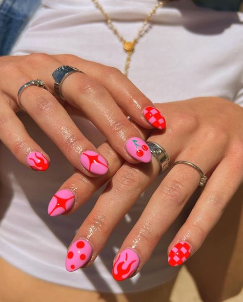 Mismatched Pink Nails, Red And Pink Nails Design, Boycott Boring Nails Bre Sheppard, Funky Nail Art Acrylic, Fun Nails Designs, Fun Red Nails, Pink And Red Nail Designs, Nails Cherries, Pink Red Nails