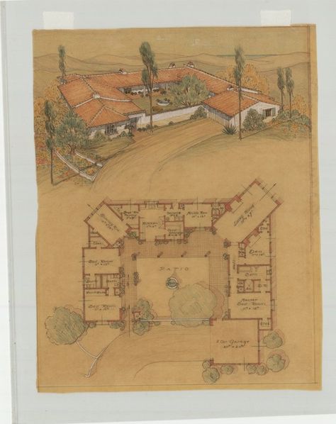 Dining Room Placement, Diagonal Living Room, Hacienda Floor Plans, U Shaped Houses, Architecture Museum, Cliff May, Room Placement, Ranch Houses, Interesting Houses