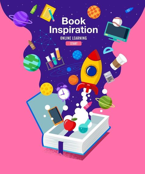 Book Inspiration, ideas coming out of books and into space, vector illustration. Book Campaign Ideas, Poster Ads Design Ideas, Book Marketing Design, Wwf Poster, Book Swap, Design Motivation, Book Advertising, Space Vector, Kids Library