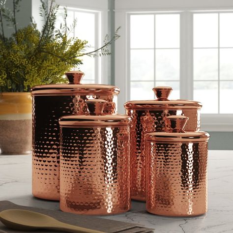 Copper Canisters Kitchen, Affordable Kitchen Decor, Kitchen Cannisters, Stainless Steel Canister Set, Copper Canisters, Glass Kitchen Canisters, Greenhouse Interiors, Dried Hydrangeas, Kitchen Canister Set