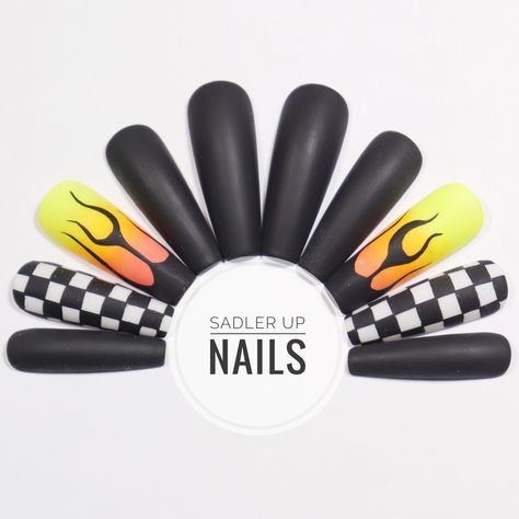 GET THE PROFESSIONAL LOOK WITHOUT THE TIME, DAMAGE, OR COMMITMENT Sleek black matte set with flaming fire and checker board accent nails. You will definitely wow friends with these nails. All hand painted using neon pigments from Daily Charm and black gel paint from Akzentz. The set comes matte however you can select glossy in the notes at checkout. *For custom please enter your sizing at the checkout from thumb to pinky for each hand. *Scroll down on homepage to see differences in length, shape Painted Flames, Fall Acrylic, Gel Paint, Fire Flames, Checker Board, Hemma Diy, Orange Wood, Wood Sticks, Cat Kuku