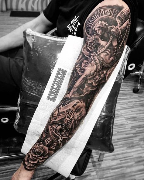 Eye Tattoo Sleeve, Christian Tattoo Sleeve, Religious Tattoos For Men, Clock Eye, Tattoo Sleeve Women, Religious Tattoo Sleeves, Angel Sleeve Tattoo, Voll Arm-tattoos, St Michael Tattoo