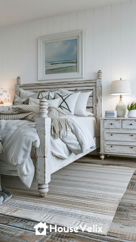 Whitewashed Furniture White Wash Bedroom Furniture, Whitewashed Furniture, Seashell Chandelier, White Washed Pine, Coastal Bedroom Ideas, Marine Life Art, White Washed Furniture, White Washed Wood, Pebble Floor