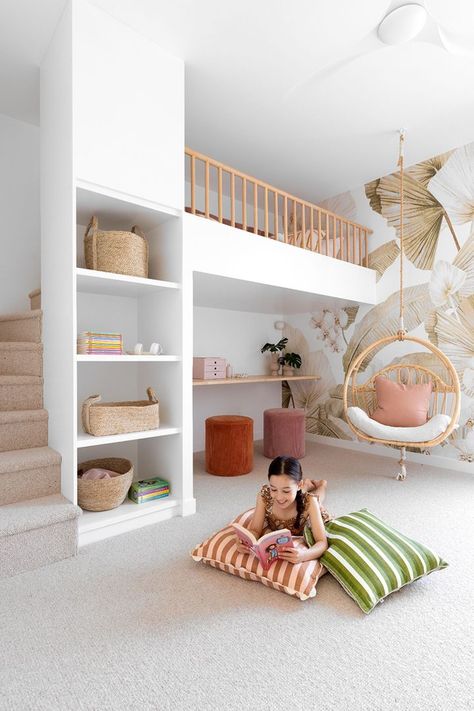 A light, bright contemporary new build in Brisbane | Home Beautiful Magazine Australia Girls Loft Bed, Cool Kids Bedrooms, Toy Storage Solutions, Scandi Home, Kid Toy Storage, Bedroom Loft, New Build, Scandinavian Home, Toy Storage