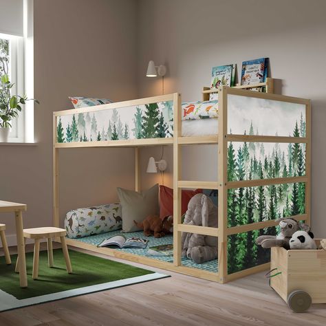 Ikea Bed Hack Kids, Kura Bed Ideas For Boys, Ikea Bunk Bed, Bed Makeover, Ikea Kura Bed, Kura Bed, Ikea Kura, Watercolor Forest, Universal Standard