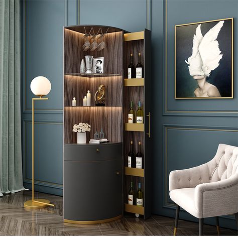 Corner Bar Ideas For Home, Bar Unit For Home, Bar Unit In Living Room, Wine Display Cabinet, Corner Bar Ideas, Wine Cabinet Design, Living Room Bar Cabinet, Corner Bar Cabinet, Furniture Led