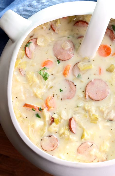 Creamy Cabbage and Kielbasa Soup Cabbage Soup Creamy, Creamy Cabbage And Kielbasa Soup, Kielbasa Cabbage Potato Soup, Creamy Sausage And Cabbage Soup, Creamed Cabbage Soup, Cabbage Kielbasa Soup, Cream Cabbage Soup, Cream Of Cabbage Soup, German Cabbage Soup