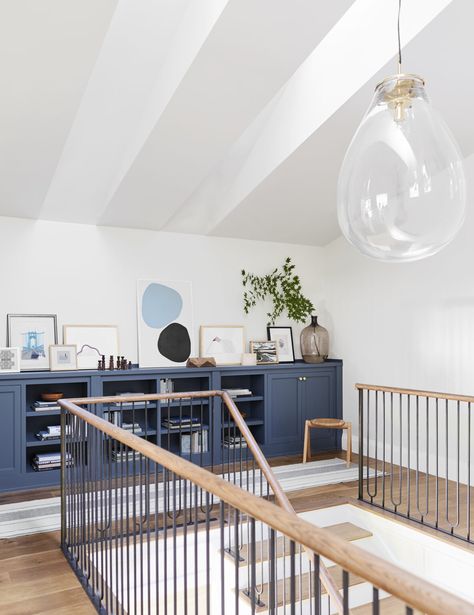 Build Dream Home, Landing Ideas, Upstairs Landing, Top Of Stairs, Velux Skylights, Bookcase Door, Upstairs Hallway, Hallway Storage, Emily Henderson