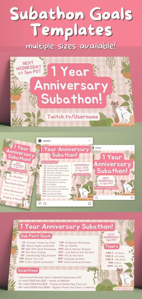 Cute Plant Cozy Theme - Twitch Subathon Social Media Package | Twitch Event Social Package | Stream Subathon | Pink Cottagecore, Cat, Chill - Twitch Subathon Social Media Package - Subathon Goal Ideas Twitch Subathon Ideas, Twitch Subathon Goal Ideas, Subathon Ideas Twitch, Aesthetic Twitch Layout, Cottagecore Streaming Setup, Pink Stream Overlay, Pink Cottagecore, Social Media Packages, Twitch Tv