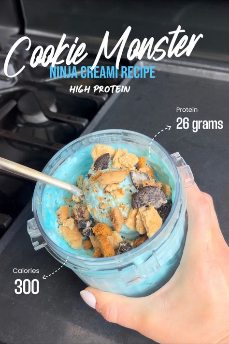 Cookie Monster Ninja Creami, Fairlife Protein Shake Ninja Creami Recipes, Ninja Creami Cookie Monster Ice Cream, Chips Ahoy Protein Shake, Ninja Creami Cotton Candy Ice Cream, Cookie Dough Ninja Creami, Fairlife Creami Recipes, Protein Shake Ninja Creami Recipes, Ninja Creami Ice Cream Recipes Premier Protein