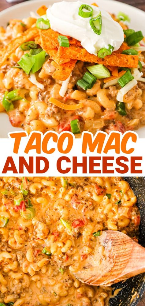 Taco Mac Recipe, Hamburger Mac And Cheese, Recipes With Diced Tomatoes, Beef Taco Seasoning, Taco Mac, Taco Dishes, Grilled Cheese Sloppy Joe, Velveeta Recipes, Taco Mac And Cheese