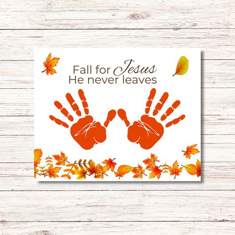 "This \"Fall for Jesus\" Handprint craft the perfect Christian-focused activity for your Sunday school class or at-home activities! This handprint art and craft project is a fun and creative way to teach kids about Jesus' love for us. The finished product features a beautiful handprint design.  You'll receive 3 PDFs: - 1 - 10x8\" Fall for Jesus Handprint art craft.  Due to different monitor displays variations in color can and will occur. Be sure to check out my shop : https://www.etsy.com/shop/FlamingoRidge Use code SAVE10 to save 10% or buy 3 or more items save 30% with code BUNDLE30. After your purchase is complete, you will receive an email with the download  instructions.   Please message me via Etsy messaging if you have any questions!  ♡ Jamie       Terms of Use & Refund Policy: For God Rescues Craft, Christian Prek Crafts, Fall Painting Crafts For Kids, Fall Sunday School Crafts For Kids, Fall In Love With Jesus Craft, Fall Church Crafts For Kids, L Crafts For Preschool, Fall For Jesus He Never Leaves Craft, Church Crafts For Kids