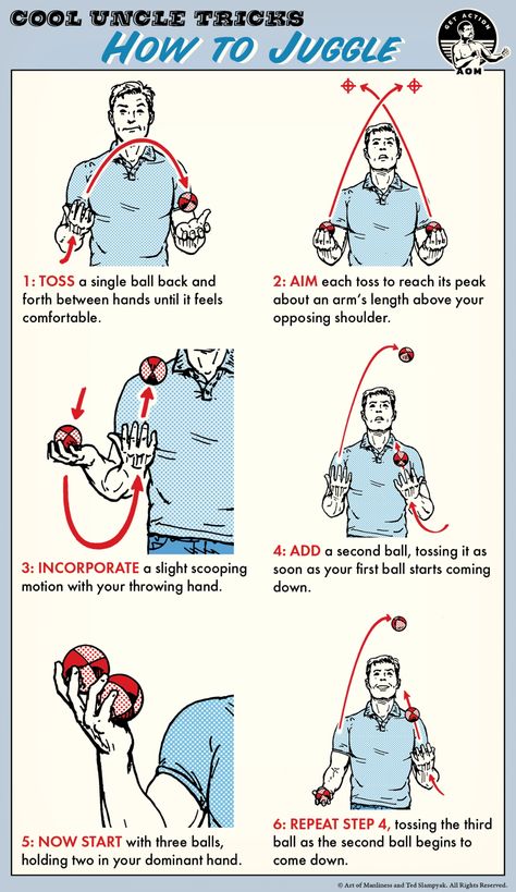 How to Juggle — Learn in 6 Easy Steps | Art of Manliness Learn To Juggle, New Talents To Learn, Juggling Reference, Soccer Juggling Tricks, Juggling Tricks, Clown Juggling Drawing, How To Juggle, Cool Uncle, Nose Shapes