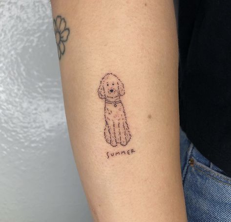 Curly Dog Tattoo, Funky Stick And Poke, Dog Illustration Tattoo, Tattoos Of Dogs Ideas, Dog Stuffed Animal Tattoo, Dog Stamp Tattoo, Bernedoodle Tattoo, Dainty Pet Tattoos, Childhood Toy Tattoo