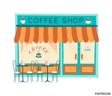 Stock Image: Coffee shop front vector illustration on flat style. Colorful drawing of the front of cafe and restaurant Coffee Shop Drawing, Cafe And Restaurant, Shop Drawing, Colorful Drawing, Shop House Ideas, Shop Illustration, Shop House Plans, Shop Window Design, Video Games For Kids