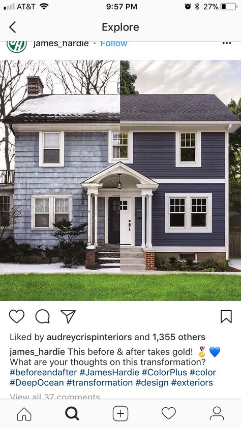 Siding Ideas Exterior Colonial, Traditional Colonial House Exterior, Blue House White Trim, Navy Blue Houses, Vinyl Exterior Siding, Blue Siding, Exterior House Siding, Colonial House Exteriors, Covered Entry