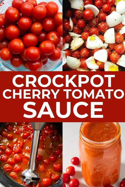 Slow Cooker Cherry Tomato Sauce recipe that's creamy and easy to make! Throw all your fresh garden ingredients into the crockpot and cook. This is a delicious sauce to serve as is, can or freeze. Slow Cooker Cherry Tomato Sauce, Cherry Tomato Crockpot Recipes, Fresh Tomato Sauce Homemade, Freezing Cherry Tomatoes, Tomato Sauce Homemade, Preserve Vegetables, Tomato Sauces, Tomato Pizza Sauce, Caring For The Environment