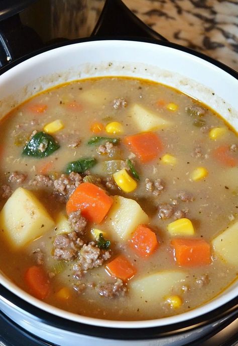 Hamburger Stew Crock Pot, Chunky Potatoes, Crock Pot Hamburger, Hamburger In Crockpot, Hamburger Potato Soup, Ground Beef And Potatoes, Garlic Breadsticks, Hamburger Soup, Yukon Gold Potatoes