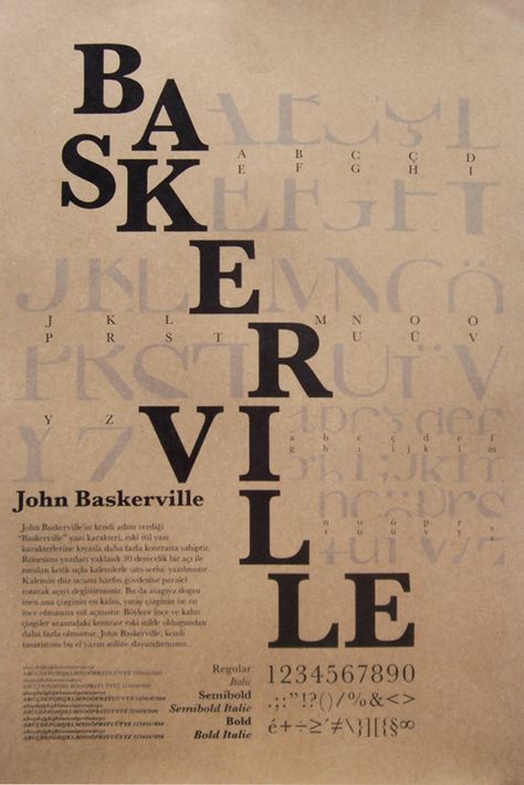 Typeface Poster Ideas, Typeface Specimen Book, Type Specimen Layout, Typography Font Poster, Typeface Specimen Poster, Typeface Poster Design, Baskerville Typography, Baskerville Poster, Typeface Booklet