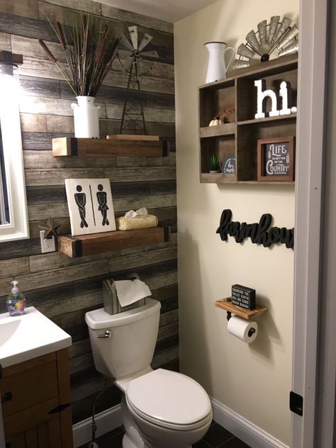 Small Industrial Farmhouse Bathroom, Industrial Half Bathroom Ideas, Farmhouse Bathroom Colors Scheme, Small Restroom Ideas, Rustic Half Bathroom Ideas, Rustic Home Decor Bathroom, Basement Bathrooms, Restroom Ideas, Rustic Powder Room