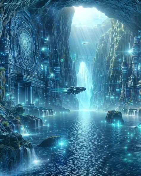 🤖🌊Cybernetic Cascades: Subaqueous Sanctuary🏙️ Built by robots beneath waterfalls, this city thrives in underwater caves and air bubbles. These sanctuaries, known to few, were marvels of innovation. From bustling houses to serene temples, life flourished, a testament to robotic resilience. . . . . . #midjourneyarchitecture #scifiartwork #scifiart #aiartcommunity #midjourneygallery #midjourneycommunity #conceptart #sciencefiction #sciencefictionart #midjourneyartwork #aiart #scifiworld #s... Environmental Reference, Mushroom Chocolate, Scifi Artwork, Underwater Caves, Future Space, Underwater City, Sci Fi City, Space Stuff, Scifi Fantasy Art