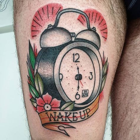 Old School Clock Tattoo, Alarm Clock Tattoo, Alarm Clock Tattoo Design, Old Fashion Clock Tattoos, Warped Clock Tattoo, American Traditional Hand Mirror Tattoo, Wake Up Alarm, Retro Alarm Clock, Clock Tattoo Design