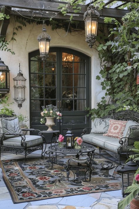 50+ Outdoor Patio Ideas to Transform Your Backyard Into a Paradise Iron Furniture Outdoor, Mediterranean Patio Ideas, Wrought Iron Garden Furniture, Wrought Iron Patio Set, Garden Sitting Areas, Cottage House Designs, Courtyard Landscaping, Vintage Patio, Wrought Iron Patio Furniture