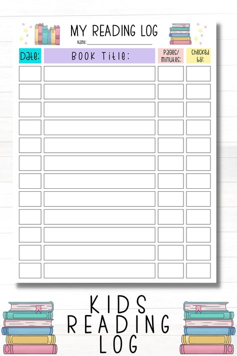 Printable Kids Reading Log for keeping track of the date, book title, and minutes/pages read. Instant download printable worksheet Chapter Book Reading Log, Reading Log For Kindergarten, Reading Book Log, Weekly Reading Log Printable Free, Reading Charts For Kids Printable, Reading Log Ideas, Reading Log Printable Free, Reading Log Journal, Daily Reading Log