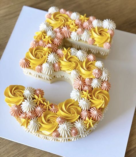 Letter E Cakes Ideas, Pink And Yellow Number Cake, 2 Layer Number Cake, Groovy Number Cake, Colorful Number Cake, Letter Shaped Cakes, Simple Number Cake, Number Shaped Cakes, Yellow Number Cake