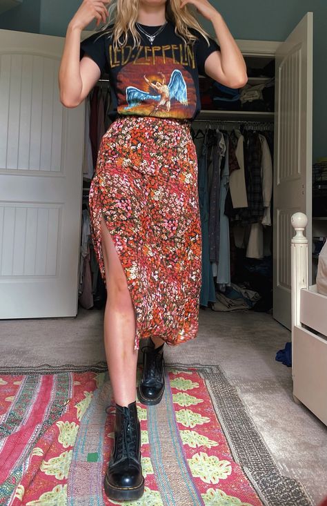 Floral Skirt Graphic Tee Outfit, Graphic Tee And Skirt Outfit Fall, Band Shirt Maxi Skirt, Floral Skirt Doc Martens, Floral Skirt Outfits Midsize, Graphic Tee Midi Skirt, Floral Long Skirts Outfit, Floral Skirt With Graphic Tee, Midi Skirt And Band Tee Outfit