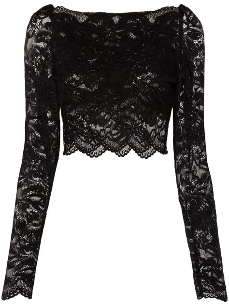 black stretch-design floral-lace design semi-sheer construction scallop edges boat neck long sleeves cropped unlined scallop hem pull-on style Lace Top With Jeans, Black Lace Shirt Outfit, Better 2024, Black Lace Outfit, Briar Beauty, Lace Outfits, Goth Vibes, Top In Pizzo, Long Sleeve Lace Top