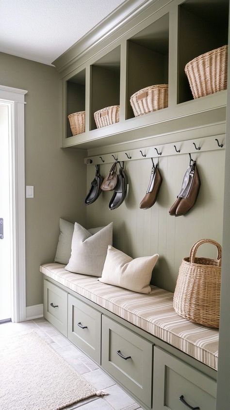 Transform your mudroom into a Virgo's dream space! 🌿✨ Enjoy streamlined built-in storage, a neat shoe organizer, and labeled hooks that keep everything in place. With cozy bench seating and calming wall colors, achieve harmonious organization and serenity in style! 🏡🔍💚 Mud Room With Seating, Corner Bench With Shoe Storage, Shoe Bench Built In, Mushroom Bench Ideas, Mudroom Bench With Cubbies, Built In Entryway Bench With Storage, Mud Room Built Ins With Bench, Front Door Cubbies, Entry Way Show Storage Ideas