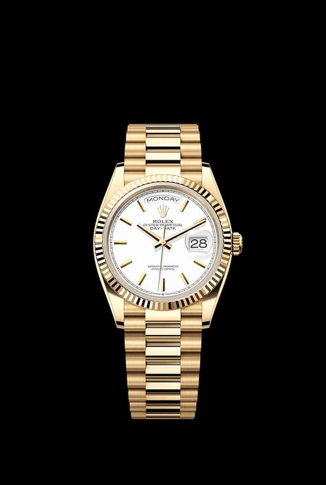 Oyster, 36mm, Yellow Gold • Rolex Day Date 40, Rolex Bracelet, Gold Alloys, Baguette Cut Diamond, Rolex Day Date, Oyster Perpetual, Champagne Color, Watch Collection, Color Set