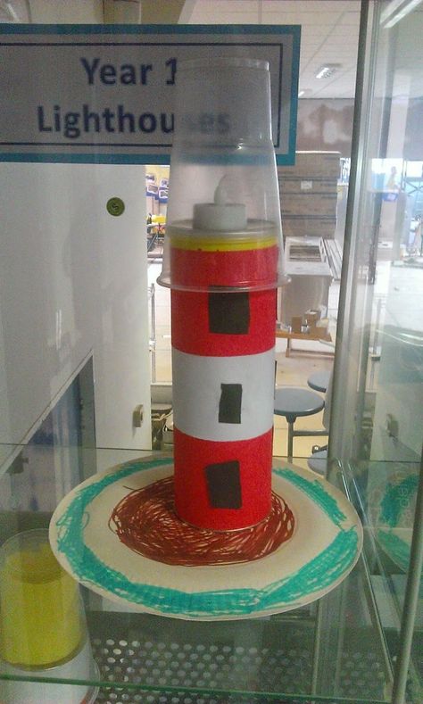 Lighthouses made from Pringle pots. Yes Pringle pots. I know that a large pot of Pringles contain an entire days worth of calories but I ... Lighthouse Keepers Lunch, Katie Morag, Letter L Crafts, Lighthouse Crafts, Seaside Theme, Seaside Art, Nursery Activities, Lighthouse Keeper, School Displays