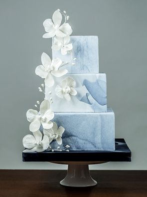 IDC-268 From I Do! Wedding Cakes. Would be nice with lily of the valley and white tulip sugar flowers and grey marble. Cakes Elegant, Wedding Cakes Elegant, Square Wedding Cakes, Traditional Wedding Cakes, Fondant Wedding Cakes, Traditional Wedding Cake, Marble Wedding, Tiered Cake, Wedding Cakes Blue