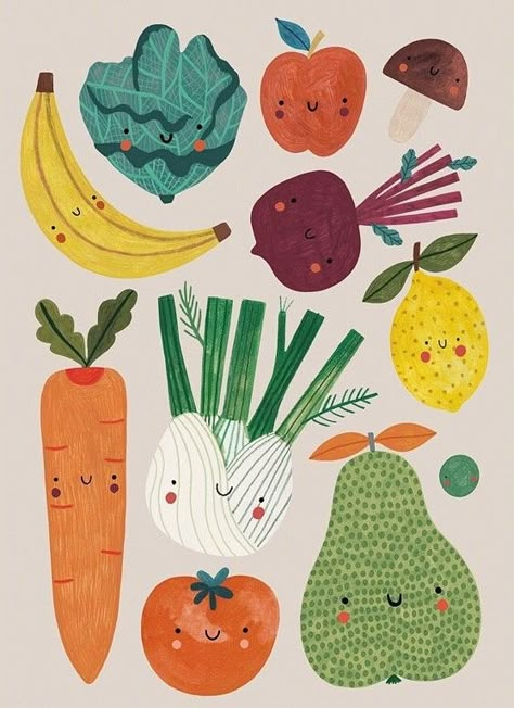 Akvarel Illustration, Vegetable Illustration, Posca Art, Fruit Illustration, Childrens Illustrations, Kids Prints, Food Illustrations, Art Journals, Cute Illustration