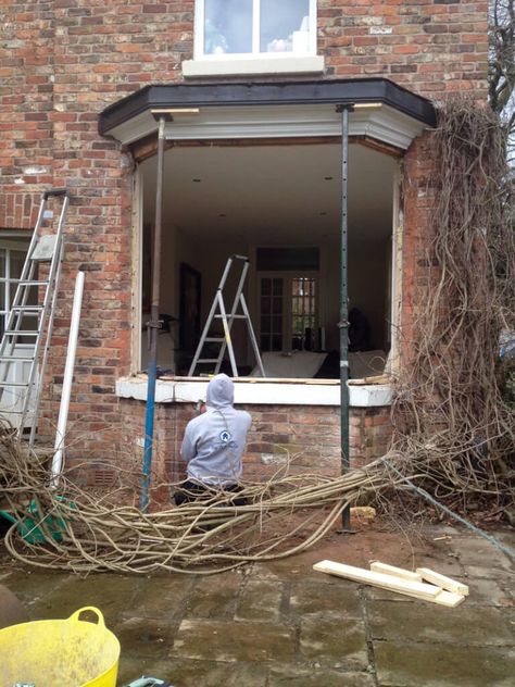 Bay Window To French Doors, French Bay Window, Victorian Bay Window, Bay Window Exterior, Old French Doors, Hinged Patio Doors, Door Makeover Diy, Bay Window Curtains, Diy Construction