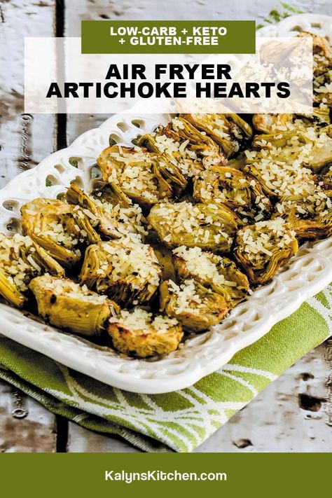 Everyone who's a fan of artichoke hearts is going to love these Air Fryer Artichoke Hearts for a quick-and-easy appetizer or side dish! And this recipe is great for Keto or low-carb diets, and it's also gluten-free! [found on KalynsKitchen.com] #AirFryerArtichokeHearts #LowCarbAppetizer Air Fryer Artichoke Hearts, Air Fryer Artichoke, Roasted Artichoke Hearts, Artichoke Heart Recipes, Vegetable Dinner, Edible Ideas, Natural Eating, Roasted Artichoke, Kitchen Basics