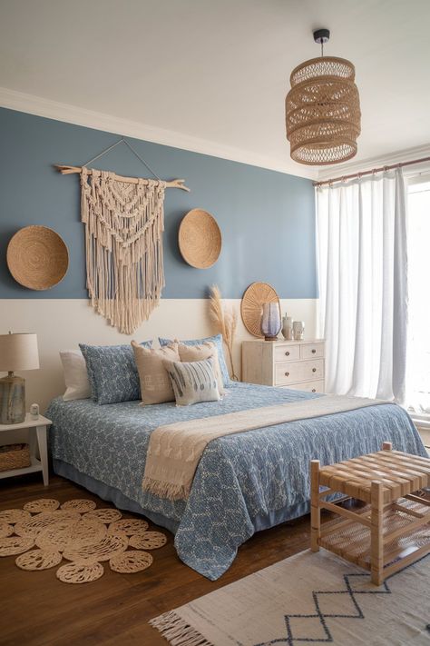 15 Blue and Cream Bedroom Ideas for a Calm and Stylish Retreat - My Decor Inspo Blue And Cream Bedroom Ideas, Blue Boho Bedroom, Baby Blue Bedrooms, Modern Coastal Bedroom Ideas, Blue And Cream Bedroom, Cream Bedroom Ideas, Light Blue Curtains, Cream Bedroom, Coral Bedroom