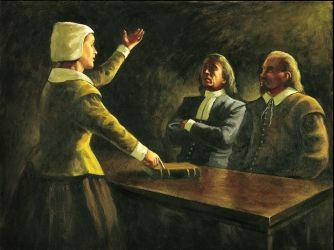 A New England religious leader & midwife, Anne Hutchinson (1591-1643) was born in England, & later followed Puritan leader John Cotton to the Massachusetts Bay Colony in 1634. She brought attention to Cotton’s spirit-centered theology through biweekly meetings, championing him. A ministerial synod cleared Cotton from the charge of heresy, but the radical Hutchinson was punished with banishment by the General Court of Massachusetts & excommunication by the Church of Boston. Anne Hutchinson, Contempt Of Court, The Scarlet Letter, Canadian History, Church Of England, Womens History Month, Religious Studies, Interesting Articles, Women In History