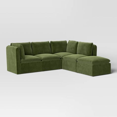 This 5-Piece Haven French Seam Modular Sectional from Threshold™ is just what you need to put together a cozy space for relaxing with family or hosting friends. The modular sectional pieces pair well with virtually any decor aesthetic. You get two armless sectional pieces, two corner sectional pieces and an ottoman, and the pieces are easy to arrange together with no tools needed. Threshold™: Looks like home, feels like you. Floor Sectional Sofa, Leather Couch With Ottoman, Olive Green Couch Living Room Ideas, Sage Green Couch, Olive Green Couch, Comfy Sectional Sofa, Green Sectional Sofa, Olive Green Couches, Sectional Sofa Comfy